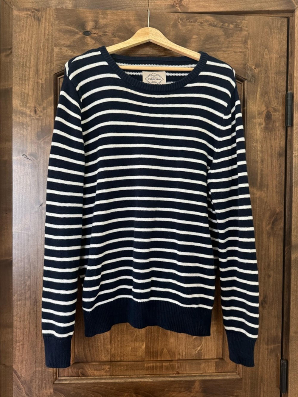 St. John's Bay Navy and White Striped Crewneck Sweater